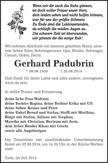 Traueranzeige von Gerhard Padubrin von Super Sonntag Zeitz