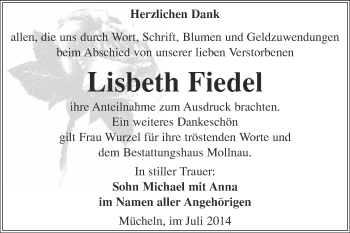 Traueranzeige von Lisbeth Fiedel von WVG - Wochenspiegel Merseburg
