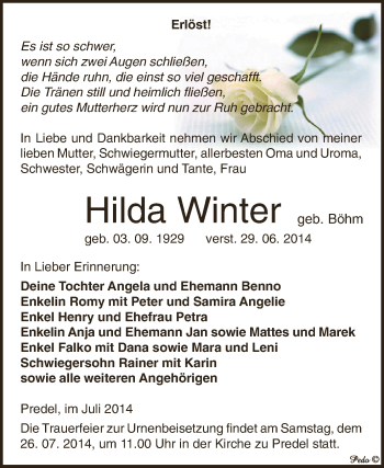 Traueranzeige von Hilda Winter von Super Sonntag Zeitz
