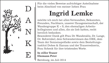 Traueranzeige von Ingrid Lemke von Super Sonntag Bernburg