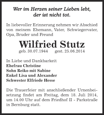 Traueranzeige von Wilfried Stutz von Super Sonntag Bernburg