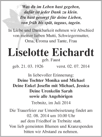 Traueranzeige von Liselotte Eichardt von WVG - Wochenspiegel NMB / WSF / ZTZ