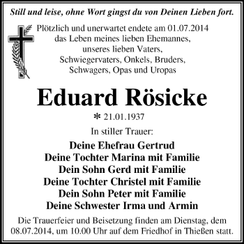 Traueranzeige von Eduard Rösicke von Super Sonntag Dessau / Köthen