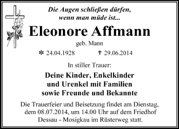 Traueranzeige von Eleonore Affmann von Super Sonntag Dessau / Köthen