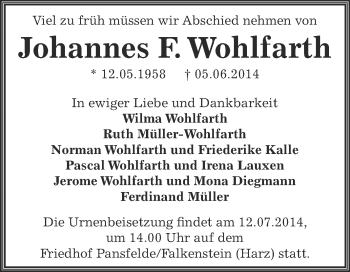 Traueranzeige von Johannes F. Wohlfarth von Super Sonntag SGH Mansf. Land