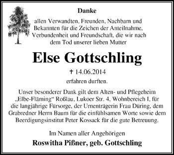 Traueranzeige von Else Gottschling von Super Sonntag Dessau / Köthen