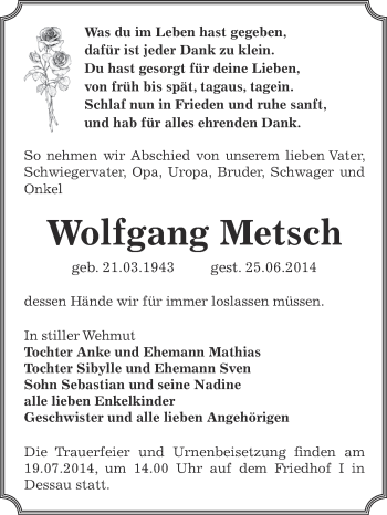 Traueranzeige von Wolfgang Metsch von WVG - Wochenspiegel Dessau / Köthen