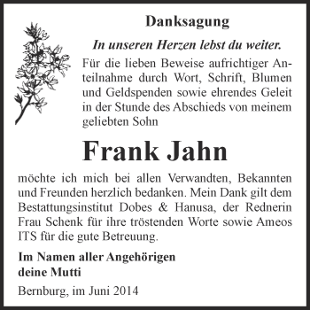Traueranzeige von Frank Jahn von Super Sonntag Bernburg