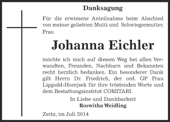 Traueranzeige von Johanna Eichler von Super Sonntag Zeitz