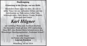 Traueranzeige von Karl Hilgner von WVG - Wochenspiegel Wittenberg