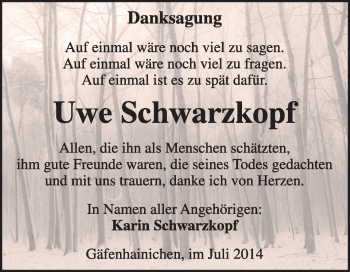 Traueranzeige von Uwe Schwarzkopf von WVG - Wochenspiegel Wittenberg