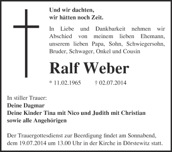 Traueranzeige von Ralf Weber von Super Sonntag Merseburg