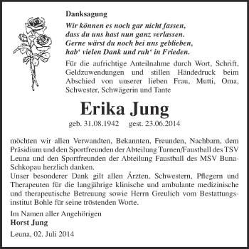 Traueranzeige von Erika Jung von Super Sonntag Merseburg