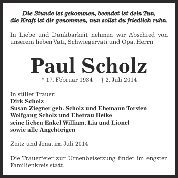 Traueranzeige von Paul Scholz von Super Sonntag Zeitz