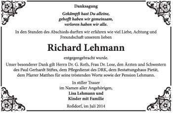 Traueranzeige von Richard Lehmann von Super Sonntag Wittenberg