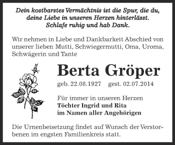 Traueranzeige von Berta Gröper von Super Sonntag Bernburg