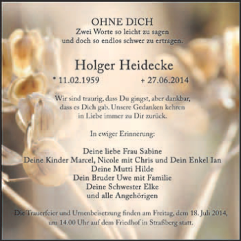 Traueranzeige von Holger Heidecke von Super Sonntag Quedlinburg