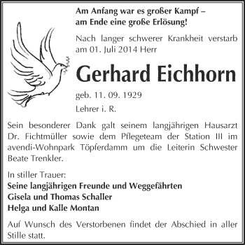 Traueranzeige von Gerhard Eichhorn von WVG - Wochenspiegel NMB / WSF / ZTZ