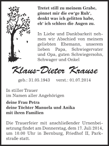 Traueranzeige von Klaus-Dieter Krause von Super Sonntag Bernburg