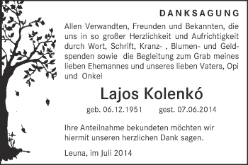 Traueranzeige von Lajos Kolenkó von Super Sonntag Merseburg