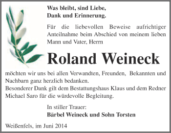 Traueranzeige von Roland Weineck von WVG - Wochenspiegel NMB / WSF / ZTZ