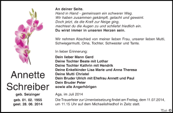 Traueranzeige von Annette Schreiber von Super Sonntag Zeitz