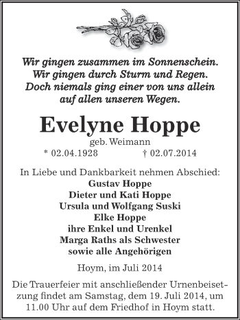 Traueranzeige von Evelyne Hoppe von Super Sonntag Aschersleben