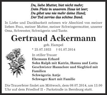 Traueranzeige von Gertraud Ackermann von Super Sonntag Bernburg
