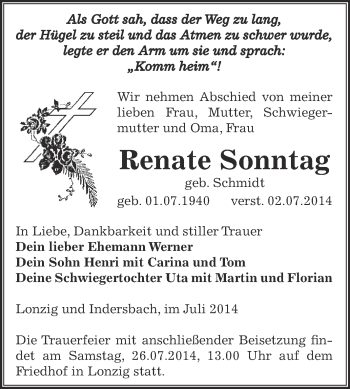Traueranzeige von Renate Sonntag von Super Sonntag Zeitz
