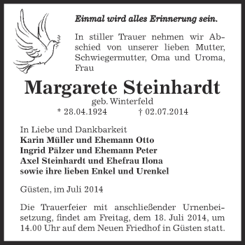Traueranzeige von Margarete Steinhardt von Super Sonntag Bernburg