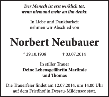 Traueranzeige von Norbert Neubauer von Super Sonntag Dessau / Köthen
