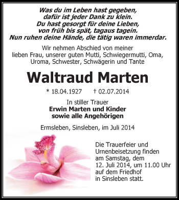 Traueranzeige von Waltraud Marten von Super Sonntag Aschersleben