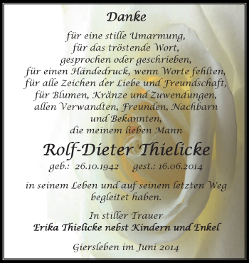 Traueranzeige von Rolf-Dieter Thielicke von Super Sonntag Aschersleben