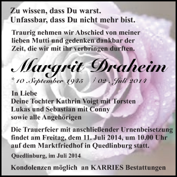 Traueranzeige von Margrit Draheim von Super Sonntag Quedlinburg