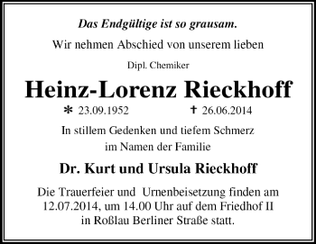 Traueranzeige von Heinz-Lorenz Rieckhoff von Super Sonntag Dessau / Köthen