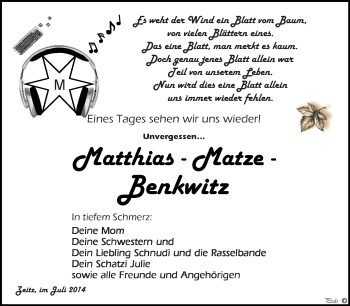Traueranzeige von Matthias Benkwitz von Super Sonntag Zeitz
