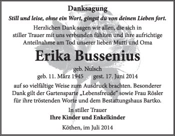 Traueranzeige von Erika Bussenius von Super Sonntag Dessau / Köthen