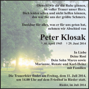 Traueranzeige von Peter Klosak von Super Sonntag Quedlinburg