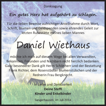 Traueranzeige von Daniel Wiethaus von Super Sonntag SGH Mansf. Land