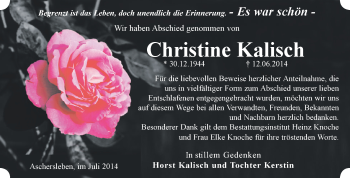 Traueranzeige von Christine Kalisch von WVG - Wochenspiegel Aschersleben