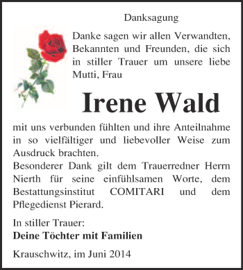 Traueranzeige von Irene Wald von WVG - Wochenspiegel NMB / WSF / ZTZ