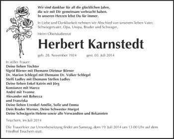 Traueranzeige von Herbert Karnstedt von WVG - Wochenspiegel NMB / WSF / ZTZ