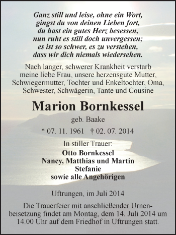 Traueranzeige von Marion Bornkessel von WVG - Wochenspiegel SGH