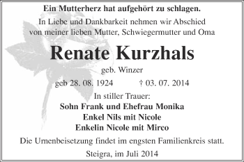 Traueranzeige von Renate Kurzhals von WVG - Wochenspiegel Merseburg