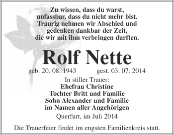 Traueranzeige von Rolf Nette von WVG - Wochenspiegel Merseburg
