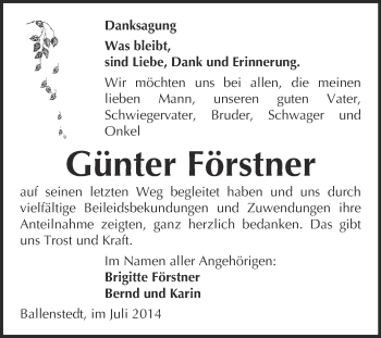 Traueranzeige von Günter Förstner von WVG - Wochenspiegel Quedlinburg