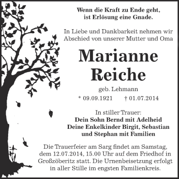 Traueranzeige von Marianne Reiche von WVG - Wochenspiegel Bitterfeld
