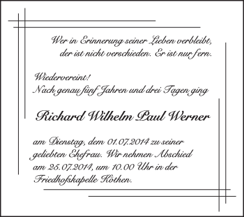 Traueranzeige von Richard Wilhelm Paul Werner von Super Sonntag Dessau / Köthen