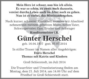 Traueranzeige von Günter Herschel von WVG - Wochenspiegel Aschersleben