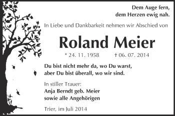 Traueranzeige von Roland Meier von WVG - Wochenspiegel NMB / WSF / ZTZ